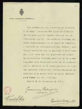 Solicitud de Francisco Rodríguez Marín, Emilio Cotarelo, José Alemany, Leopoldo Cano y Ramón Mené...