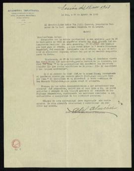 Carta del secretario de la Academia Boliviana a Julio Casares en la que le informa sobre la incor...