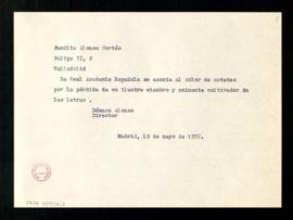 Copia del telegrama de pésame del director, Dámaso Alonso, a la familia Alonso Cortés