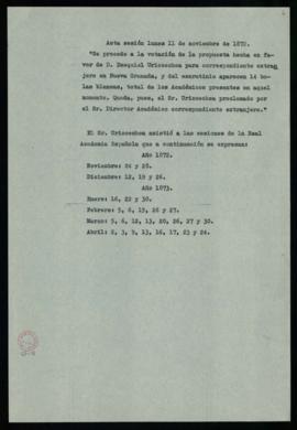 Copia del acta de la sesión del 11 de noviembre de 1872 en la que se eligió a Ezequiel Uricoechea...