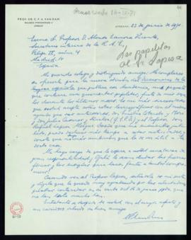 Carta de C. F. Adolf van Dam a Alonso Zamora Vicente con la que remite un paquete con casi 500 pa...