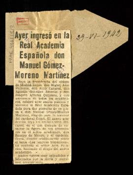 Recorte del diario Informaciones con la noticia titulada Ayer ingresó en la Real Academia Español...