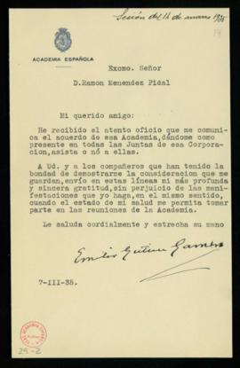 Carta de Emilio Gutiérrez-Gamero a Ramón Menéndez Pidal en la que acusa recibo del oficio de tras...