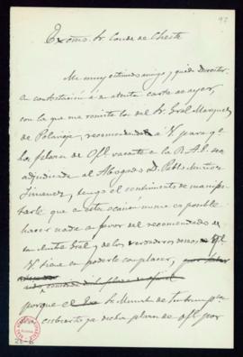 Minuta de la carta del secretario [Mariano Catalina] al conde de Cheste en la que le comunica que...