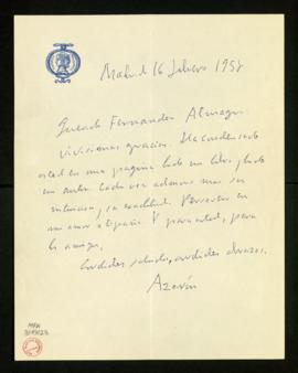 Carta de Azorín a Melchor Fernández Almagro en la que le da las gracias y resalta su capacidad de...
