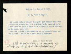 Copia de la carta de Julio Casares a Julio de Urquijo en la que le informa que las actas y docume...