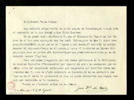 Carta de José M.ª de Cossío a Javier Ruiz de Medina en la que le aclara el contenido de la carta ...