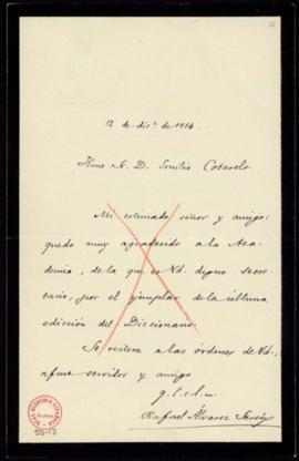 Carta de Rafael Álvarez Sereix a Emilio Cotarelo con la que le remite veinte ejemplares del mapa ...
