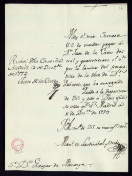 Orden de Manuel de Lardizábal del pago a Juan de la Cruz de 2400 reales de vellón por la lámina d...