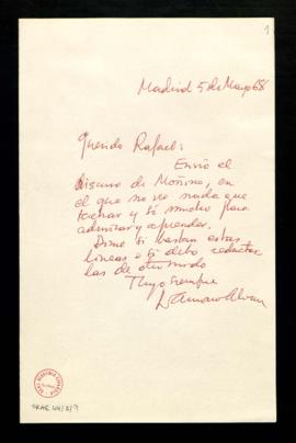 Nota de Dámaso Alonso a Rafael [Lapesa] que acompaña el envío del discurso de Antonio Rodríguez-M...