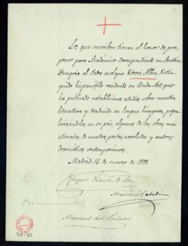 Propuesta firmada por Gaspar Núñez de Arce, Mariano Catalina y Manuel del Palacio de Körösi Albin...