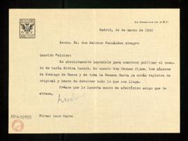 Carta de Luis Calvo a Melchor Fernández Almagro en la que le dice que es absolutamente imposible ...