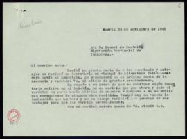 Carta del secretario [Julio Casares] a Manuel de Montoliú en la que acusa recibo de su carta y de...