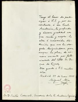 Carta de Miguel Asín Palacios a Emilio Cotarelo en la que acusa recibo de de traslado de su nombr...