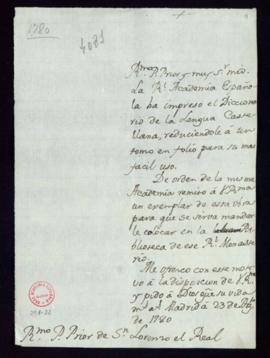 Minuta de la carta [de Manuel de Lardizábal y Uribe] al prior de San Lorenzo el Real con la que l...