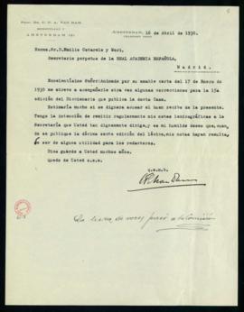 Carta de C. F. Adolf van Dam a Emilio Cotarelo con la que le remite una nueva lista de correccion...