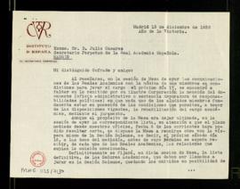 Carta de Eugenio d'Ors, secretario del Instituto de España, a Julio Casares, secretario, en la qu...