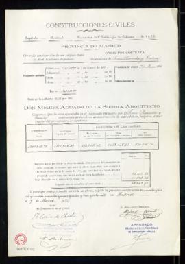 Certificación del arquitecto Miguel Aguado de la Sierra de la obra ejecutada por Juan Pruneda y G...