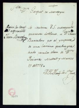 Orden del marqués de Santa Cruz del pago a Joaquín Fabregat de 40 doblones por una lámina para la...