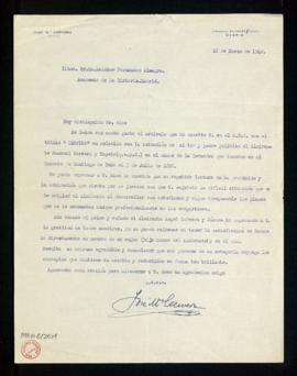 Carta de José María Cervera a Melchor Fernández Almagro en la que le expresa la emoción que ha se...
