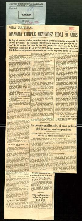 Recorte del diario Ya con el artículo Mañana cumple Menéndez Pidal 99 años, por Miguel Fernández