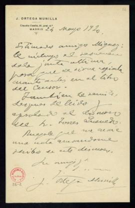 Carta de J[osé] Ortega Munilla al oficial de la secretaría, [Fermín] Míguez, con la que adjunta e...