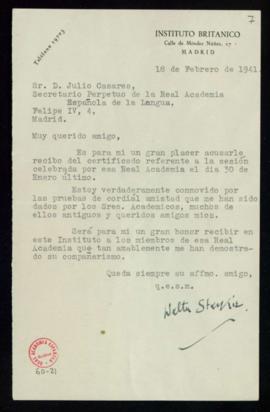 Carta de Walter Starkie a Julio Casares de agradecimiento por el envío del certificado de la sesi...