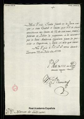 Carta de Miguel Bermúdez a Manuel de Lardizábal [y Uribe] en la que le comunica que el cartel, re...