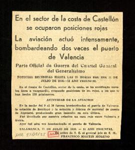 En el sector de la costa de Castellón se ocuparon posiciones rojas. La aviación actuó intensament...