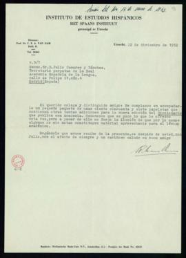 Carta de C. F. Adolf van Dam a Julio Casares con la que le remite un paquete de 157 papeletas con...