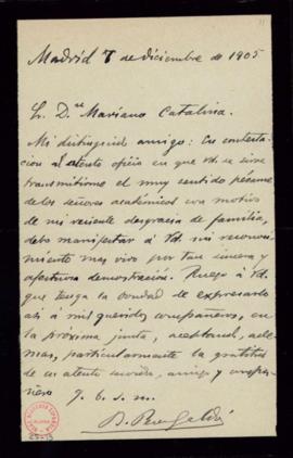 Carta de B[enito] Pérez Galdós al secretario, Mariano Catalina, en la que agradece a la Academia ...