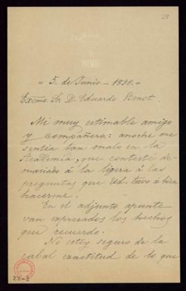 Carta del marqués de Valmar a Eduardo Benot en la que le indica que, debido a su estado de salud,...