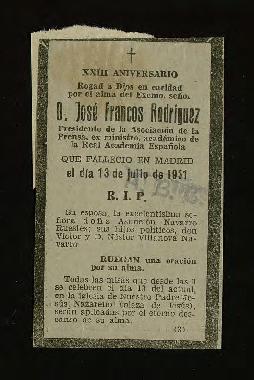 Recorte del diario ABC [de 12 de julio de 1931], con una esquela de José Francos Rodríguez, con m...