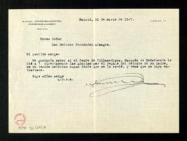 Carta de Manuel González-Hontoria a Melchor Fernández Almagro en la que le pregunta si el marqués...