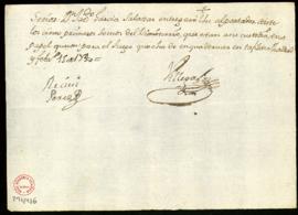 Orden de Manuel de Villegas y Piñateli a Jacinto García Salazar para que entregue al portador los...
