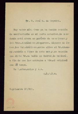 Carta del secretario [Emilio Cotarelo] a José N. de Urgoiti en la que le manifiesta que la Academ...