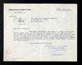 Carta de E. García Carretero a Julio Casares para recordarle que no ha abonado los recibos de cuo...
