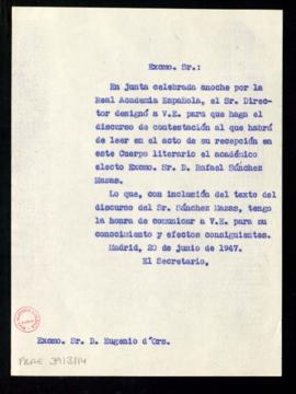 Copia sin firma del oficio del secretario e Eugenio D'Ors de traslado de su designación para cont...