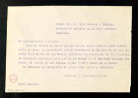 Minuta de la carta de Francisco Rodríguez Marín a Julio Casares en la que le solicita que le repr...