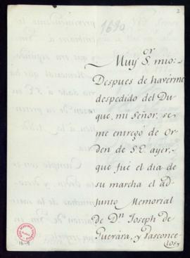 Carta de Ignacio de Ahedo a Fran[cis]co Antonio de Angulo con la que remite por orden del duque [...