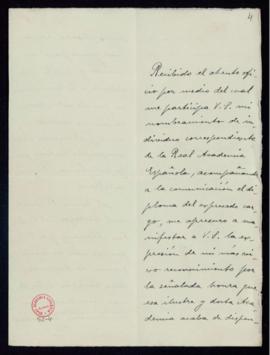 Carta de Ramón D. Perés al secretario interino en la que acusa recibo de su nombramiento como aca...