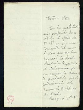 Carta de José Rodríguez Carracido al secretario [Mariano Catalina] de agradecimiento a la Academi...