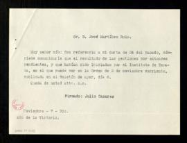 Copia de la carta de Julio Casares a José Martínez Ruiz en la que le informa de que el resultado ...