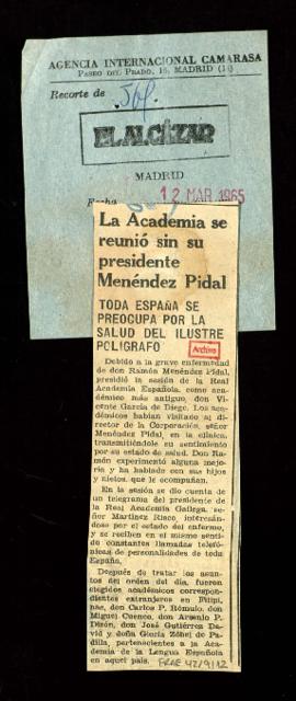 Recorte del diario El Alcázar con la noticia La Academia se reunió sin su presidente Menéndez Pidal