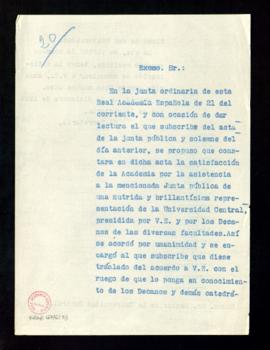 Copia sin firma del oficio del secretario [Julio Casares] al rector de la Universidad Central en ...