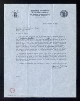 Carta de Ángel del Río a Melchor Fernández Almagro en la que le agradece los dos artículos, en La...