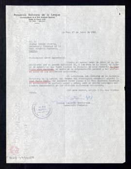 Carta de Carlos Castañón Barrientos, secretario de la Academia Boliviana de la Lengua, a Alonso Z...