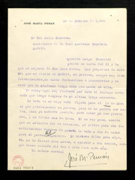 Carta de José María Pemán a Julio Casares para acusar recibo de su carta del veintiuno, junto con...