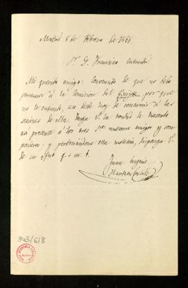 Carta de Juan Eugenio Hartzenbusch a Francisco Cutanda en la que le comunica que abandona la comi...