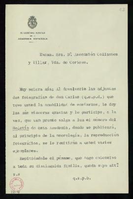 Copia sin firma de la carta del secretario [Emilio Cotarelo] a Ascensión Collantes y Villar, viud...